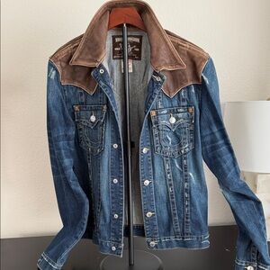 True Religion Blue Denim Jacket with Brown Accents